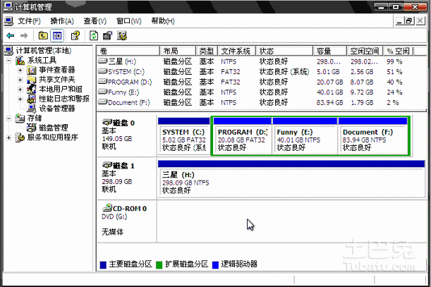 1、查找C盘：在磁盘管理界面中，你会看到一系列的磁盘和分区，C盘通常显示为一个带有“C”字母标识的分区，并且大小通常较小。