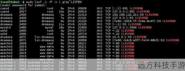 使用命令lsof -i :port(将port替换为尝试使用的端口号)来查找当前系统中哪些进程正在使用特定端口,如果你尝试使用80端口,运行lsof -i :80 将显示出所有占用80端口的进程。
