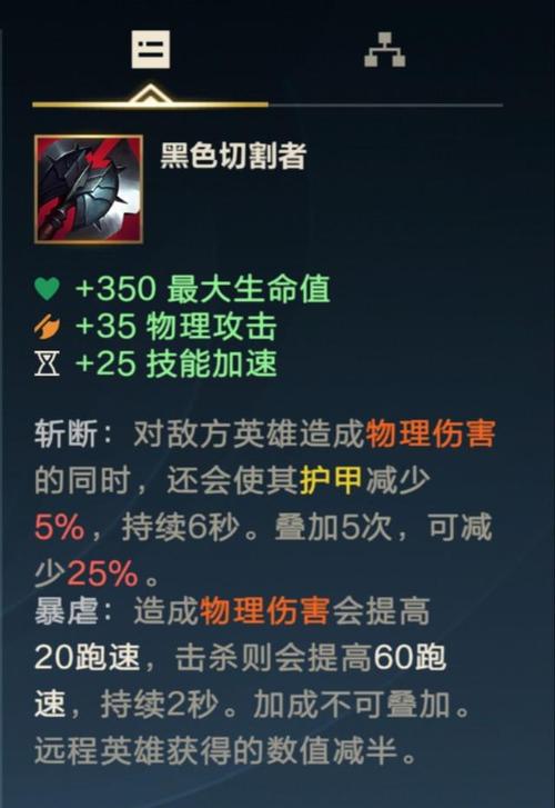 黑切:提供生命值、攻击力和冷却缩减,是诺手必备的装备之一。