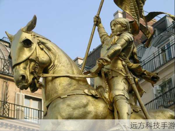 解析:这幅图描绘了法国女英雄圣女贞德所在的城堡,城堡前的石像是她的形象,整个场景充满了历史的厚重感。