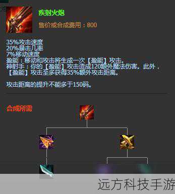 1、第一件装备:疾射火炮 - 提供远程攻击距离加成,配合男刀锋的E技能可以实现远距离的连续攻击,提高输出效率。